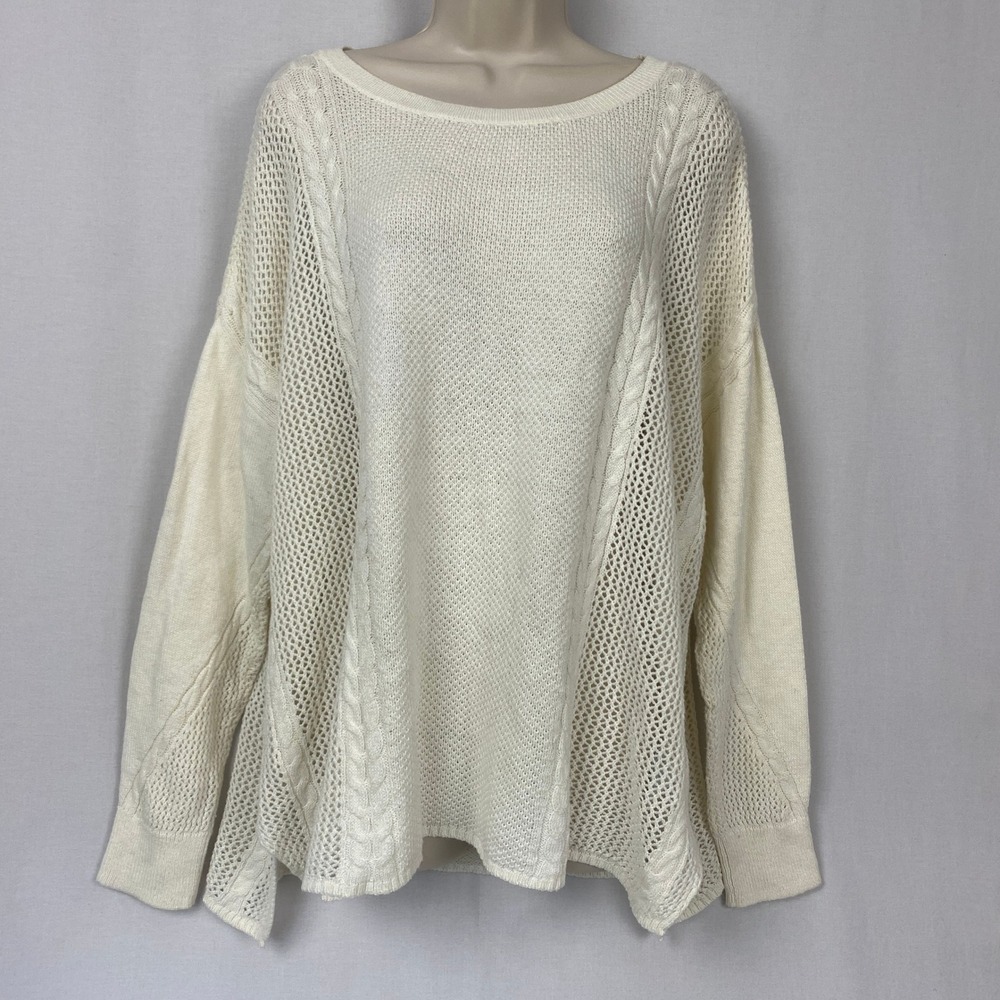 American Eagle Wool Sweater Womens XL Cream Open Cable Knit Boxy Fisherman Boxy